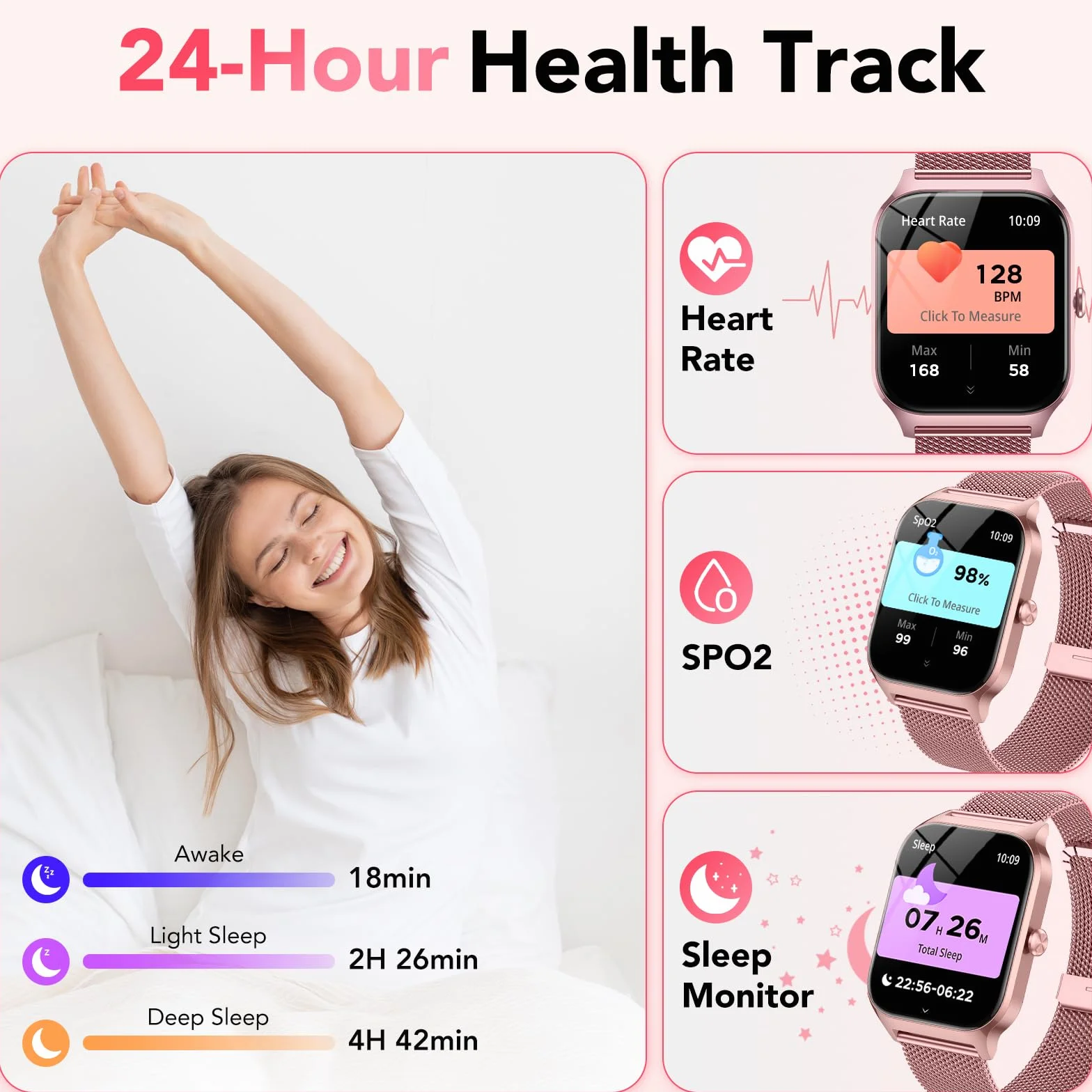 CASCHO Montre Connectée Femme avec Appel Bluetooth,1.85" HD Smartwatch Femme avec Fréquence Cardiaque/Sommeil/SpO2, 120+ Modes Sportifs, IP68 Étanche Fitness Tracker, Montre pour Android iOS Rose