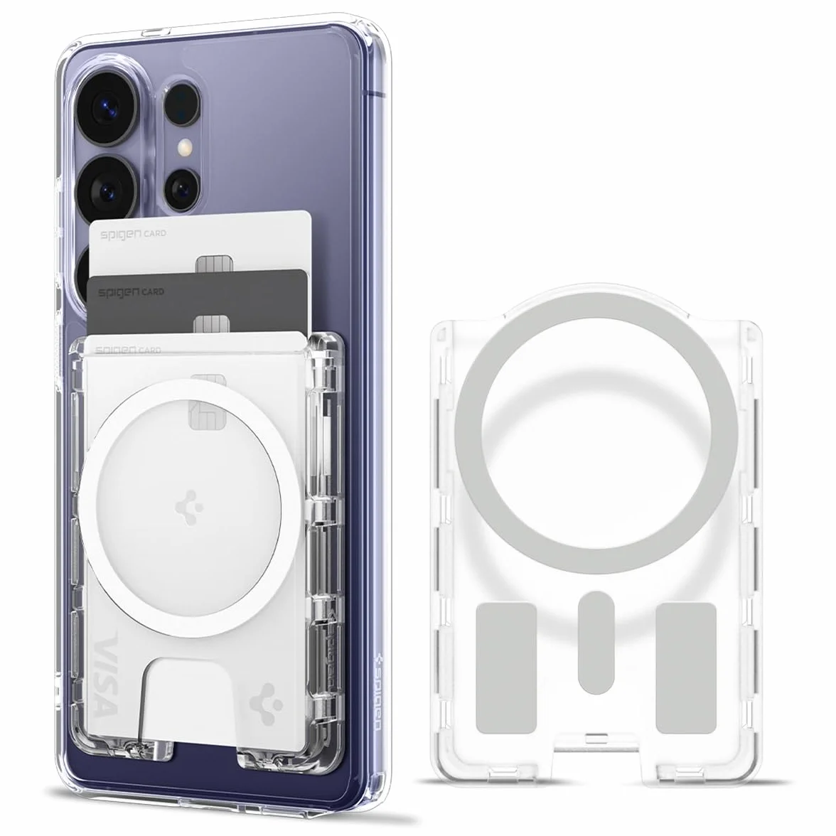 Spigen Ultra Hybrid MagFit+ Porte-Cartes magnétique 3 Cartes Anneau métallique Compatible Samsung Galaxy S26 S25 Edge Z Fold 7 Transparent