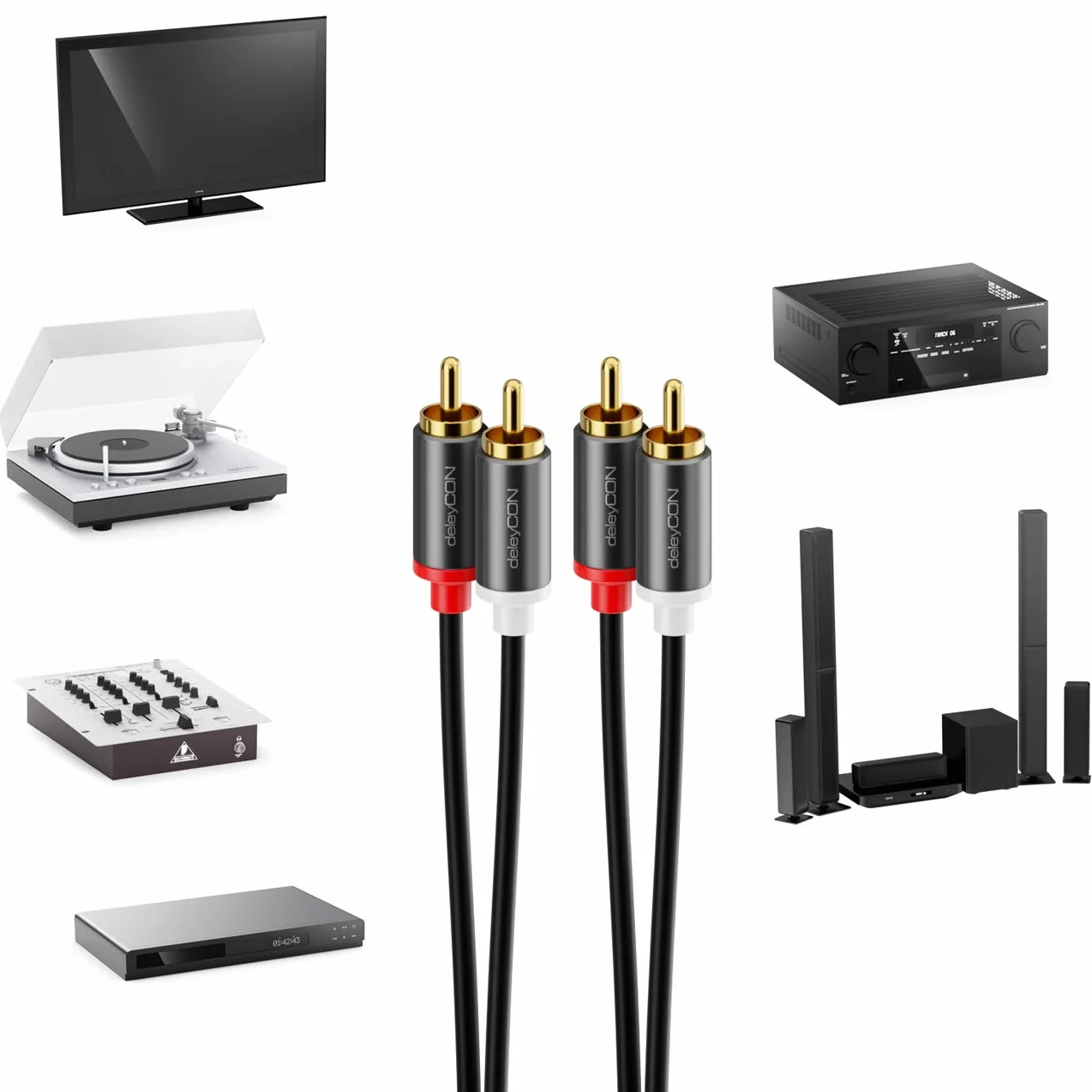deleyCON 15m Câble Cinch RCA HiFi Audio Liaison Connecteurs Métalliques Dorés pour Home Cinéma Chaîne Stéréo Amplificateur HiFi-Receiver Lecteur Blu-Ray (Extra fin & Flexible)