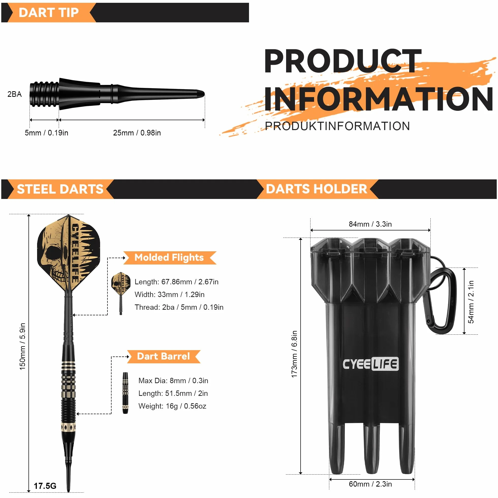 CyeeLife Fléchettes Soft-Darts 16g 3 pièces avec Pointe Plastique, Flights et Tiges, Sac de Transport