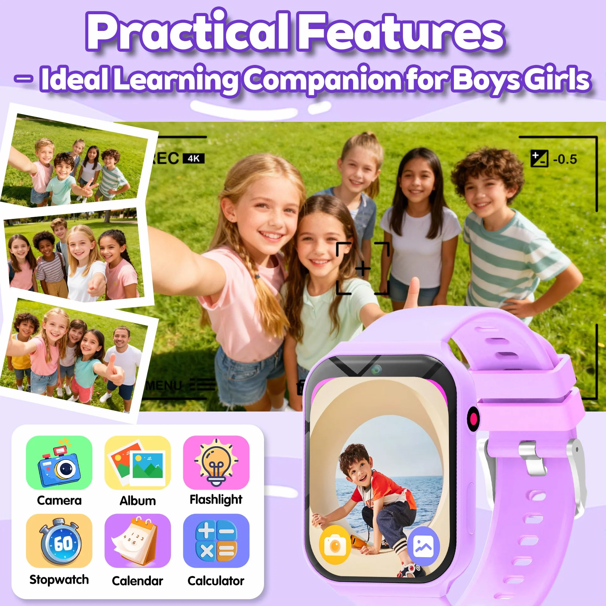 Montre Connectée Enfant avec 18 Jeux Éducatifs, Fonction Sommeil et Caméra - Ecran Tactile 1.83 Pouces, Tracker d'Activité avec Podomètre, Réveil, Lampe Torche pour Filles et Garçons