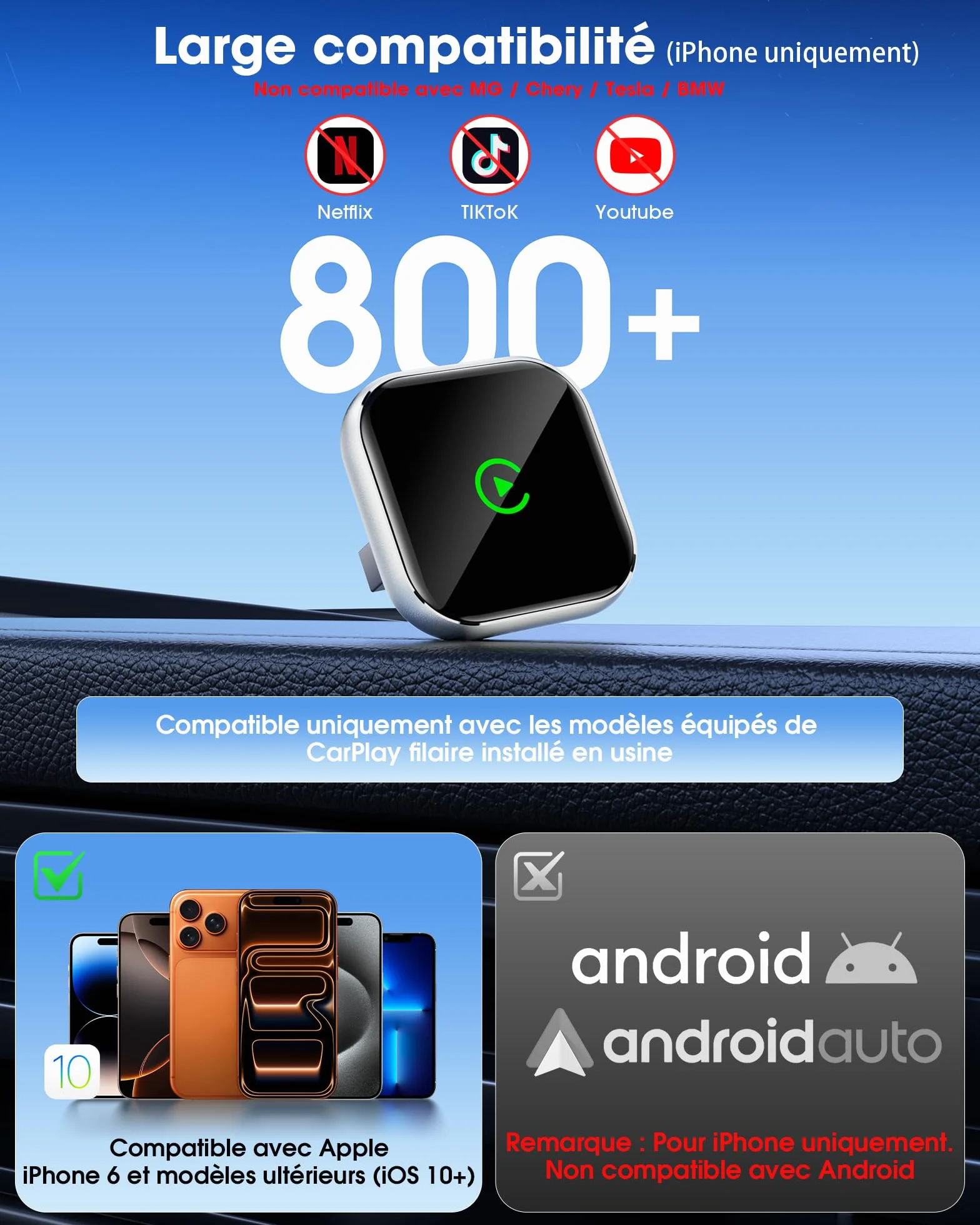 Boîtier CarPlay sans Fil pour GPS Portable pour Voiture – pour écran monté sur Tableau de Bord, convertit CarPlay Filaire en sans Fil, Compatible système d’Origine (2016+) Uniquement pour iPhone