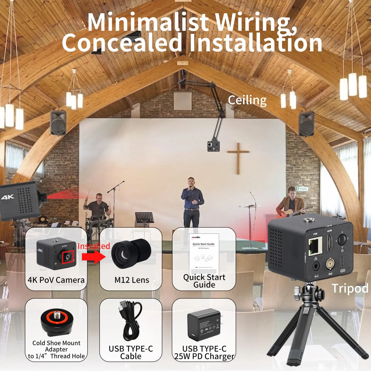 Zowietek Caméra Box POV 4K PoE ZowieCAM Sortie SDI/HDMI/UVC Streaming RTSP/RTMP/SRT Ultra Compacte Objectif Interchangeable Contrôle PC/Mobile/Tablette M12