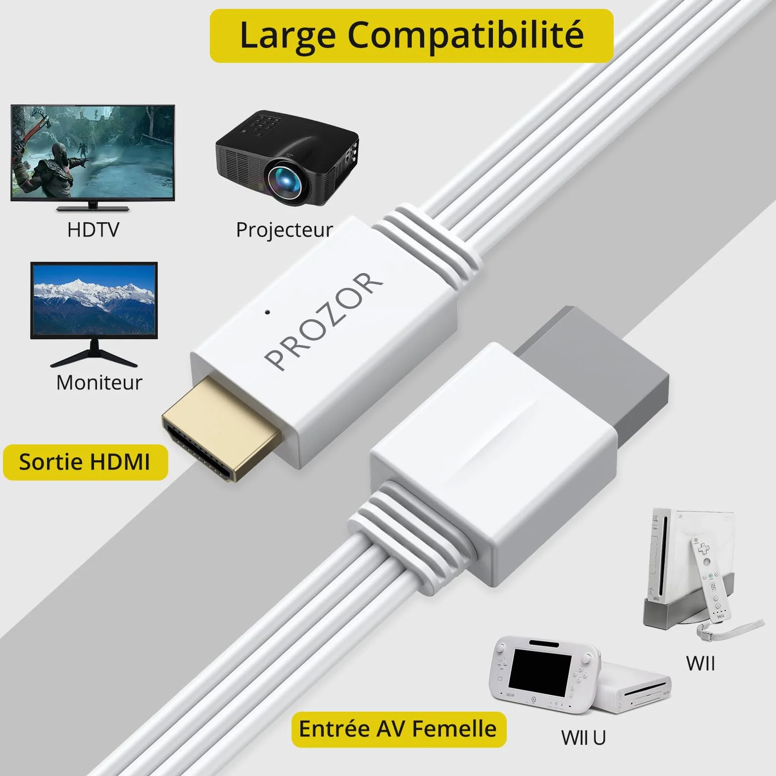 PROZOR Adaptateur Wii vers HDMI 1080P Câble HDMI Intégré 1.2m Conversion Vidéo et Audio pour Console Wii et Wii U Plug-and-Play