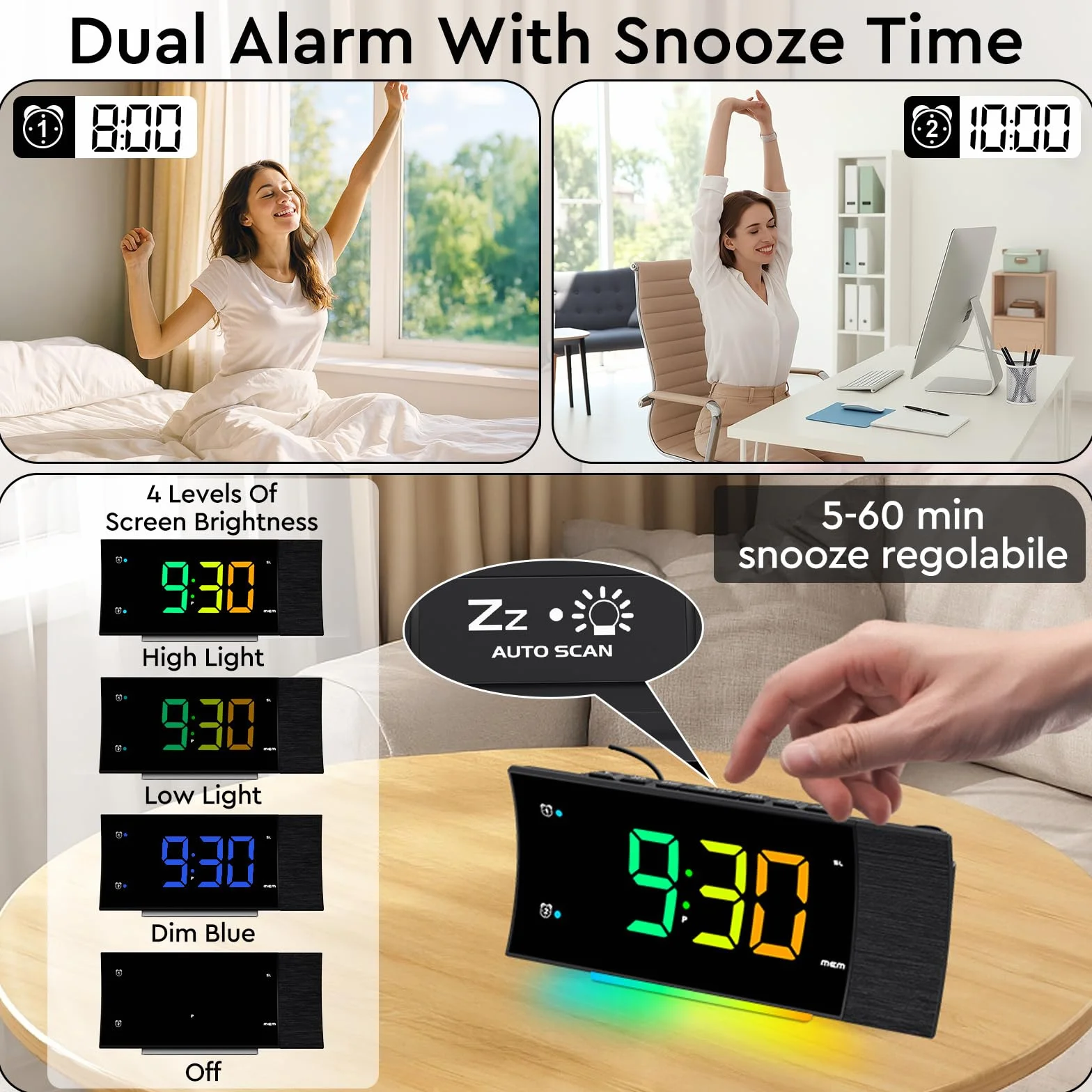 Radio Reveil Projecteur Plafond 180°, Radio Réveil FM Numérique, Grand Écran LED, Chargeur USB, Double Alarme, 12/24H, Snooze, Horloge Projection Plafond pour la Chambre