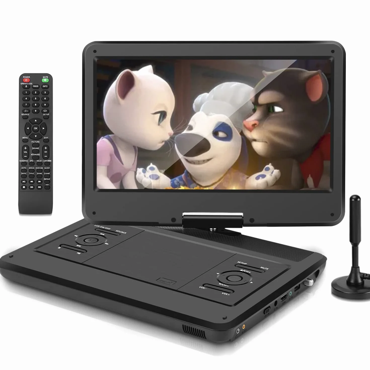 KCR 14 Pouces TV Portable/Lecteur DVD Combo avec écran LED Rotatif HD et Tuner TV DVB-T2 numérique/USB/HDMI/AV/Audio, Batterie intégrée, Double Haut-Parleur stéréo
