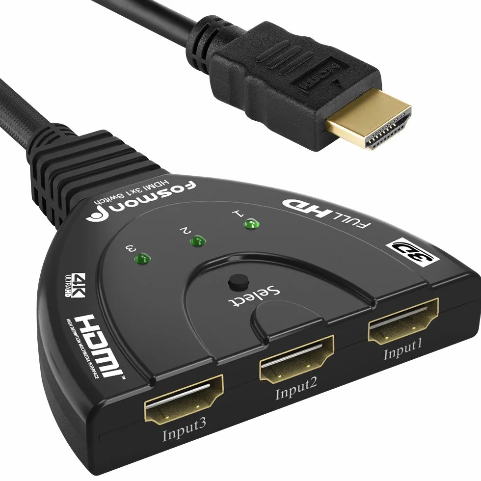 Fosmon Commutateur HDMI Automatiques 4k, 3 Entrées 1 Sortie HDMI Switch - UHD HDR 3D 1080p HDCP, Splitter Switcher Répartiteur Sélecteur Auto pour HDTV Lecteurs DVD Blu ray PS4 Xbox Apple Fire Roku