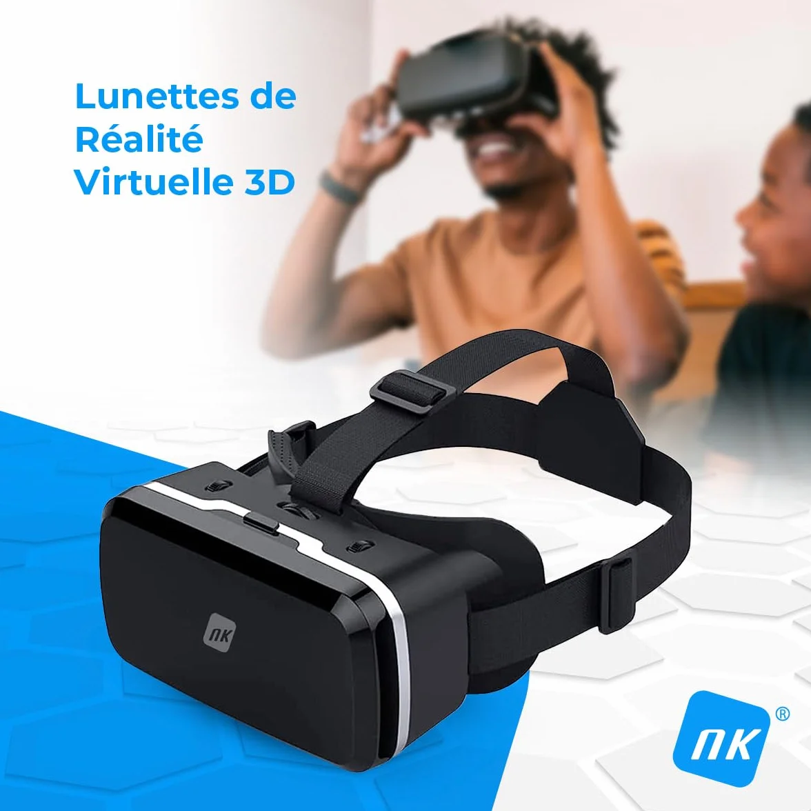 Casque Réalité Virtuelle NK Compatible iPhone Android 4.7"-6.53" Vision 90-100° Rotation 360° Réglage Objectif Pupille Noir