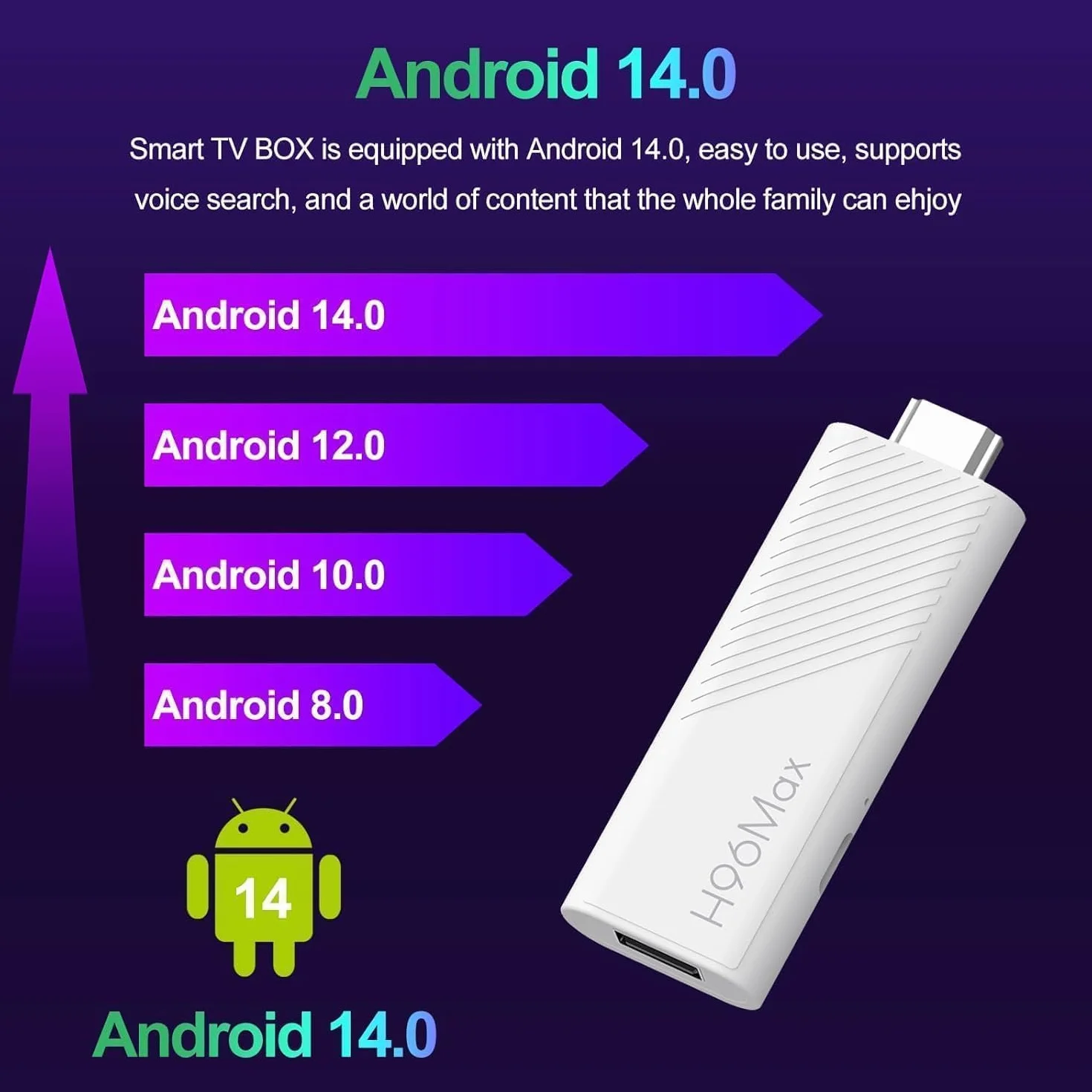 IPTV H96 Max TV Stick, TV Gratuite et en Direct,UHD Android 14,(Nouvelle génération) | Smart TV Gratuite et en Direct,Compatible Assistant Vocal, Chromecast Built-in Streaming 4K.