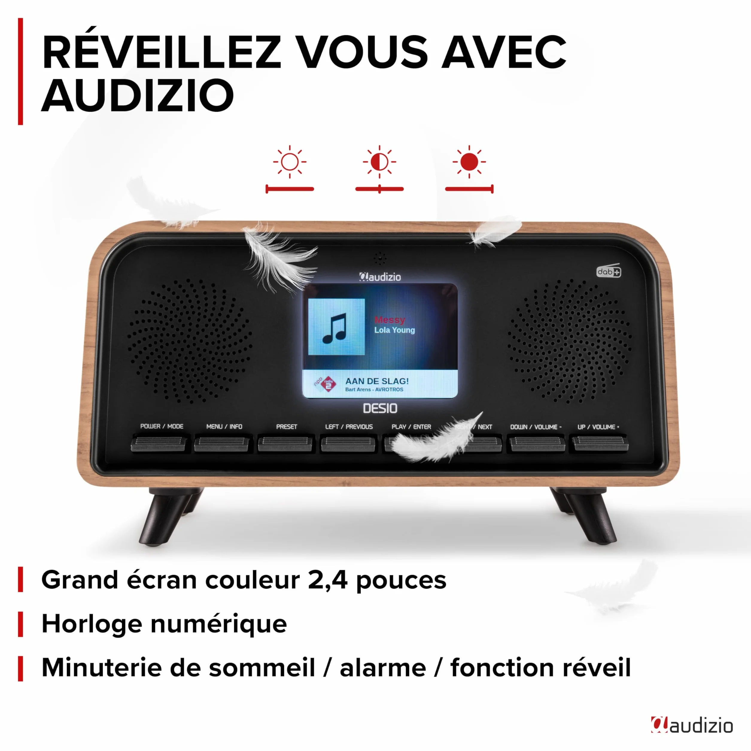 Audizio Desio Radio Dab/Dab+/FM avec BT 5.0, Écran Couleur 2,4", Port USB et Entrée AUX 3,5 mm, Design Rétro Couleur Chêne, Alarme et Minuterie, Idéale pour Salon, Cuisine ou Chambre