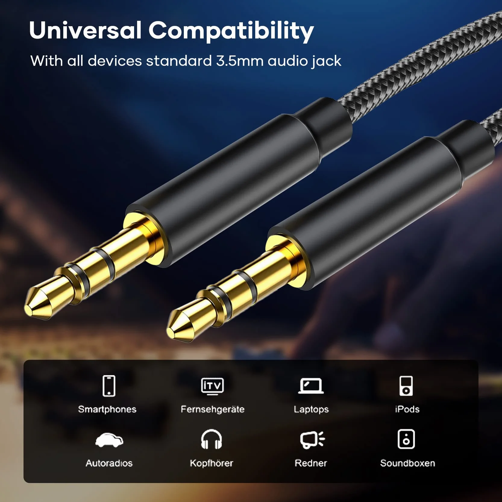 Câble Jack 3.5mm, Cable Jack Audio Mâle vers Mâle Câble Auxiliaire Stéréo en Nylon Compatible avec Casques, Autoradios, Smartphones, iPhones, iPod, iPad, Lecteur Mp3 et Plus (1.2M)