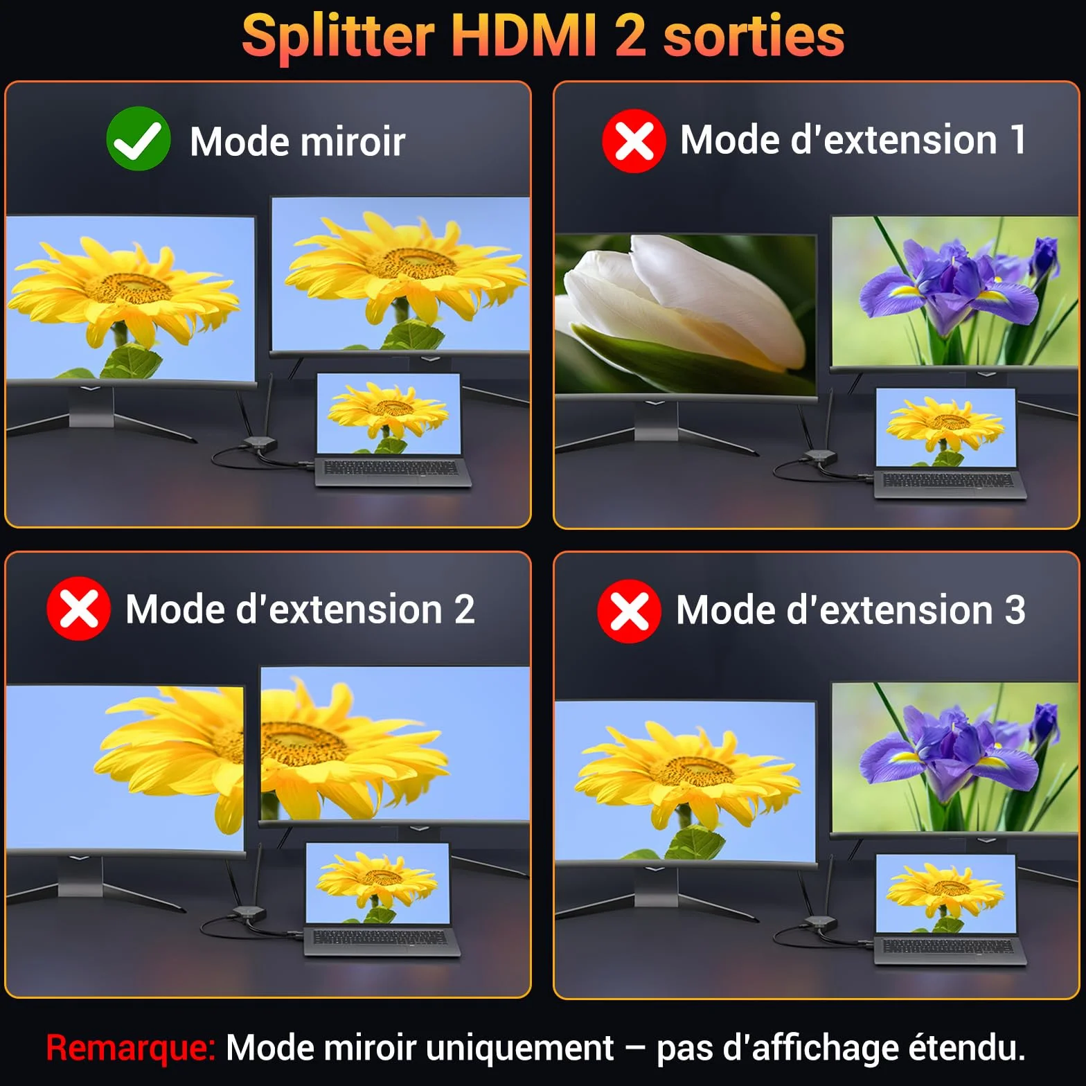Splitter HDMI 2 Sorties 4K 1440p 1080p HDCP 3D Compatible PC PS4 PS5