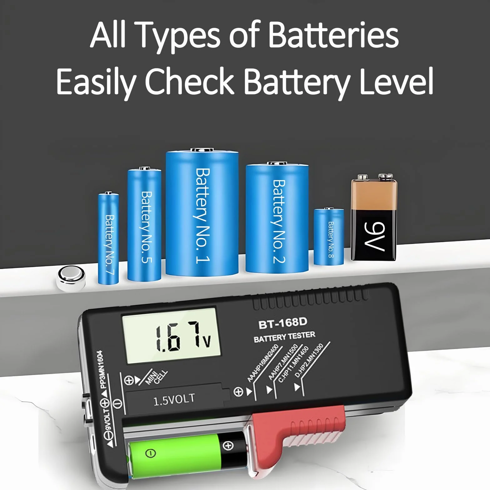 Testeur de piles et batteries universel numérique BT-168D pour écran LCD, Compatible avec Piles AA, AAA, C, D, 9V et Bouton 1,5V, pour Usage Domestique et Professionnel (Numérique explicite)