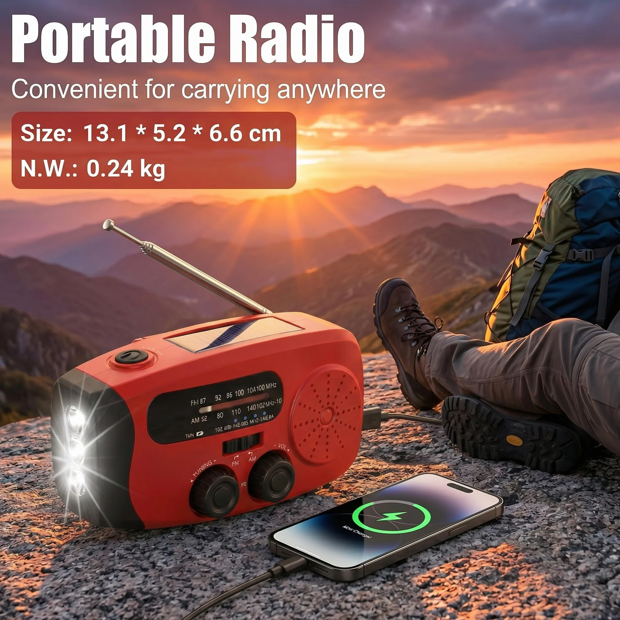Notfunk Radio Portable d'urgence à Manivelle, 3 Lampes LED, Alarme SOS, Power Bank 2000mAh, Camping en Plein Air, Prévention d'urgence à la Maison, Rouge