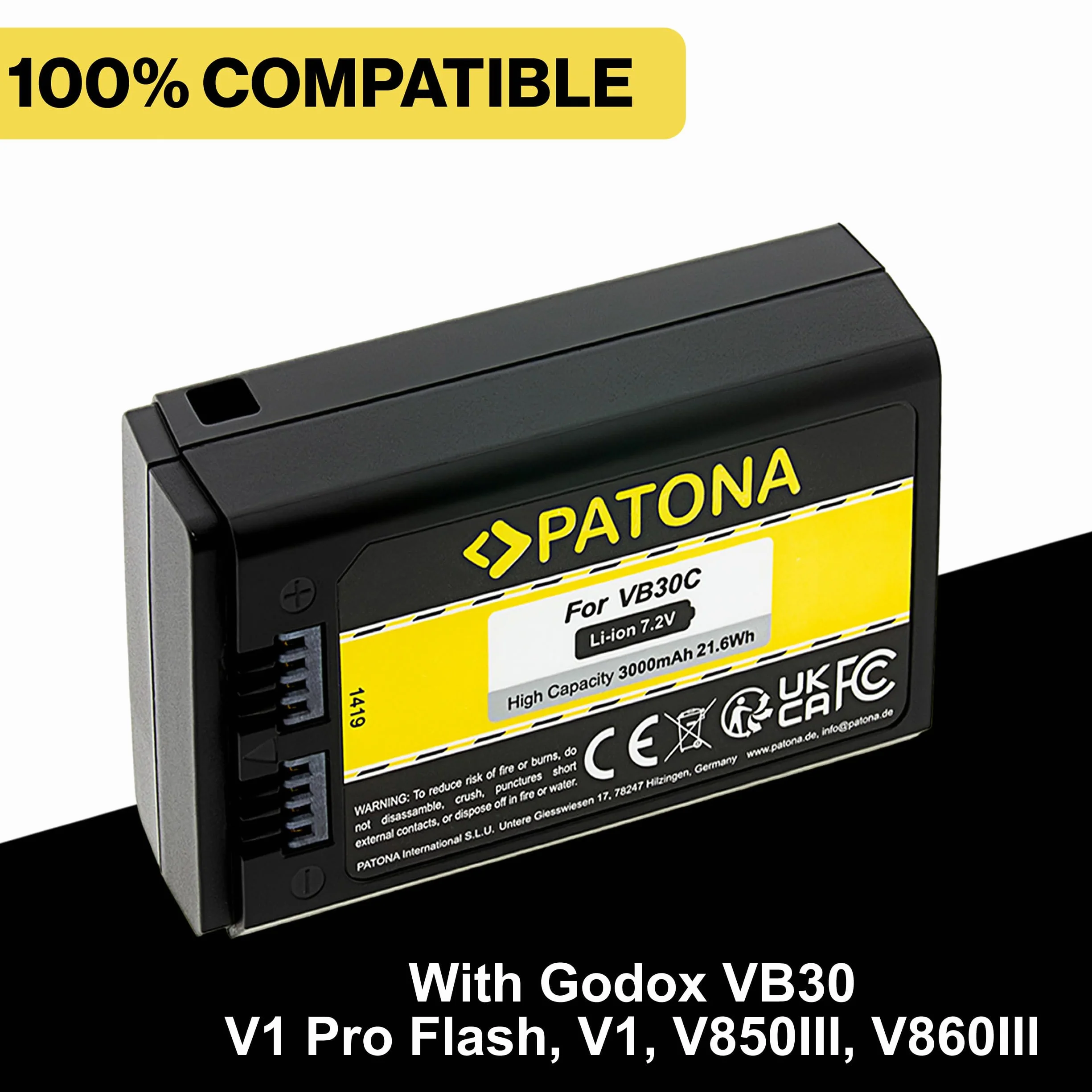 PATONA Batterie VB30 Compatible avec Godox WB100 V1 Pro V850III Flash V860III AD100Pro | USB-C 7.2V 3000mAh Li-ION | Protection Contre la Surcharge et Les Courts-Circuits