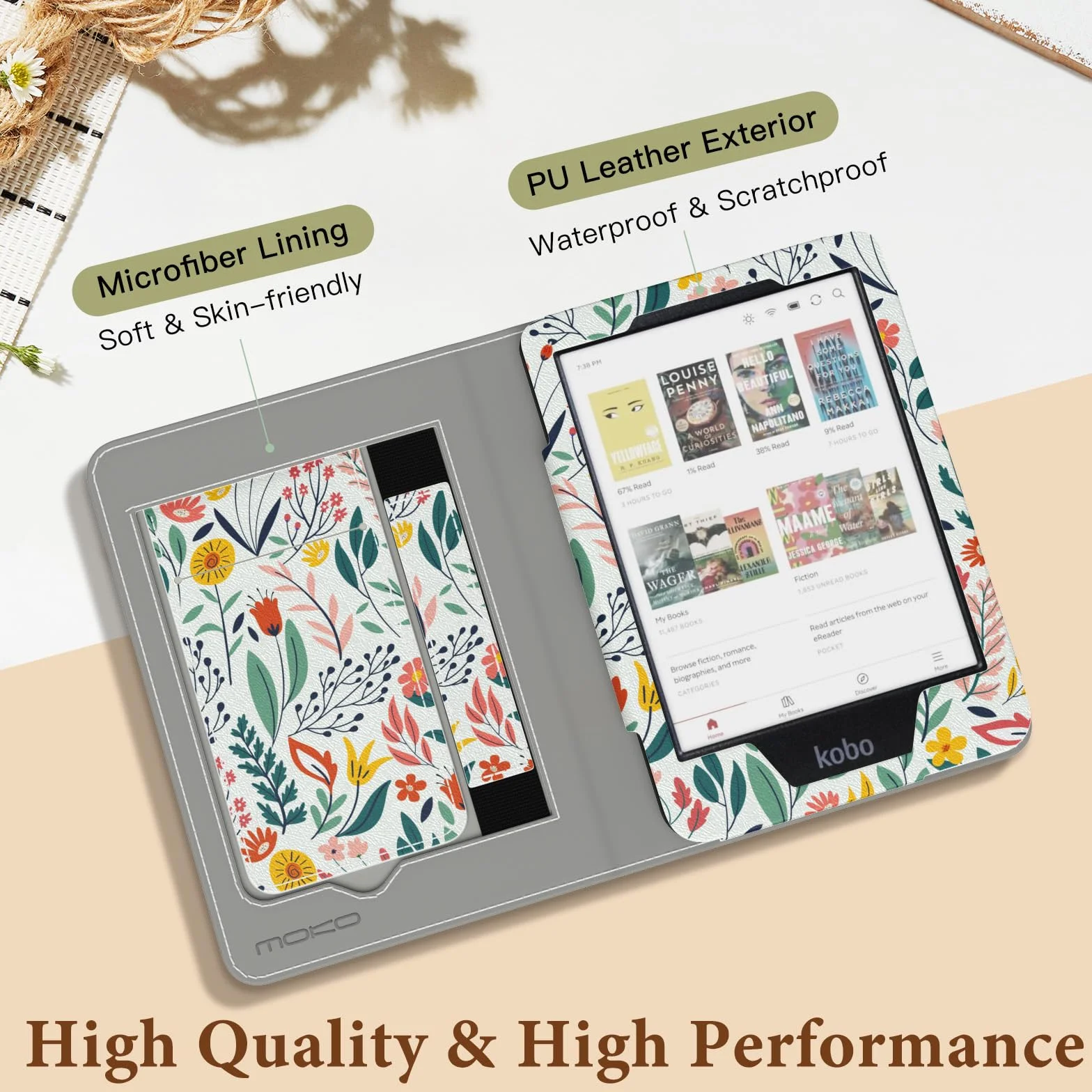 MoKo Étui pour Tolino Shine Color/Shine 5(2024)/4(2022) et Kobo Clara Colour/BW/2E 6", Coque Fine en PU avec Mise en Veille/Réveil Auto, Emplacement pour Carte, Dragonne et Support Pliable, Fleur