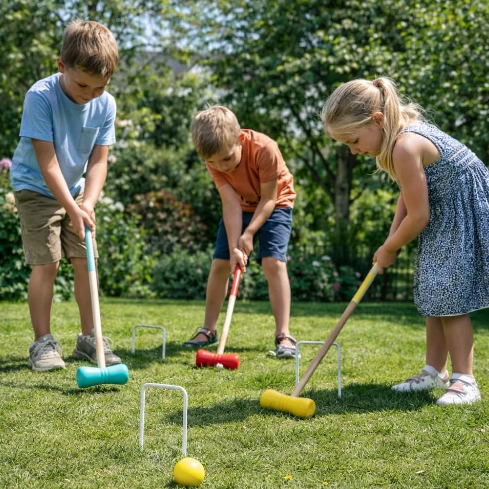 Jeu de Croquet en Bois pour 4 Joueurs, avec Maillets, Boules, Arceaux Métalliques et Filet de Rangement, Jeu de Jardin