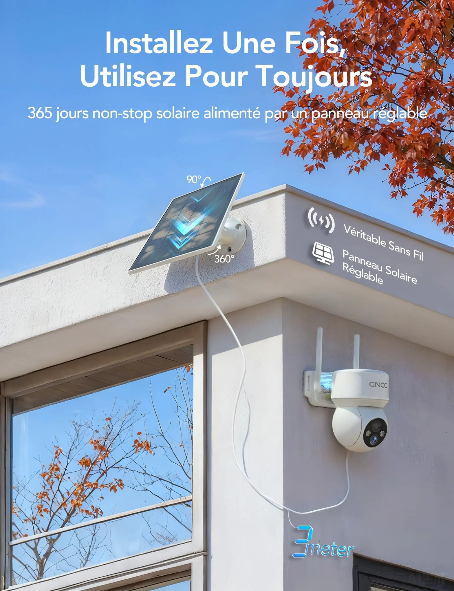 GNCC Camera Surveillance WiFi Exterieure sans Fil Panneau Solaire 360° PTZ 2MP Détection Humaine PIR Vision Nocturne Couleur Audio Bidirectionnel 2,4G
