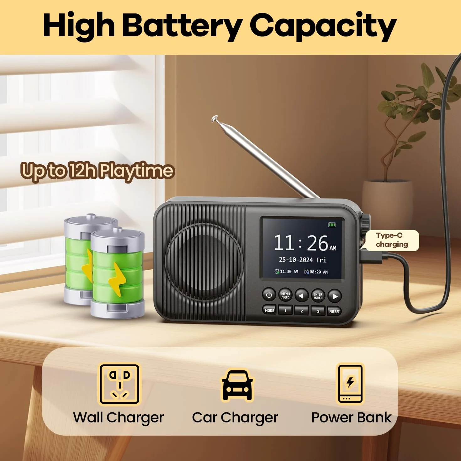 Radio DAB+ Portable Rechargeable avec Bluetooth, Écran LCD 2.4", FM, 60 Stations, Réveil Double, Noir