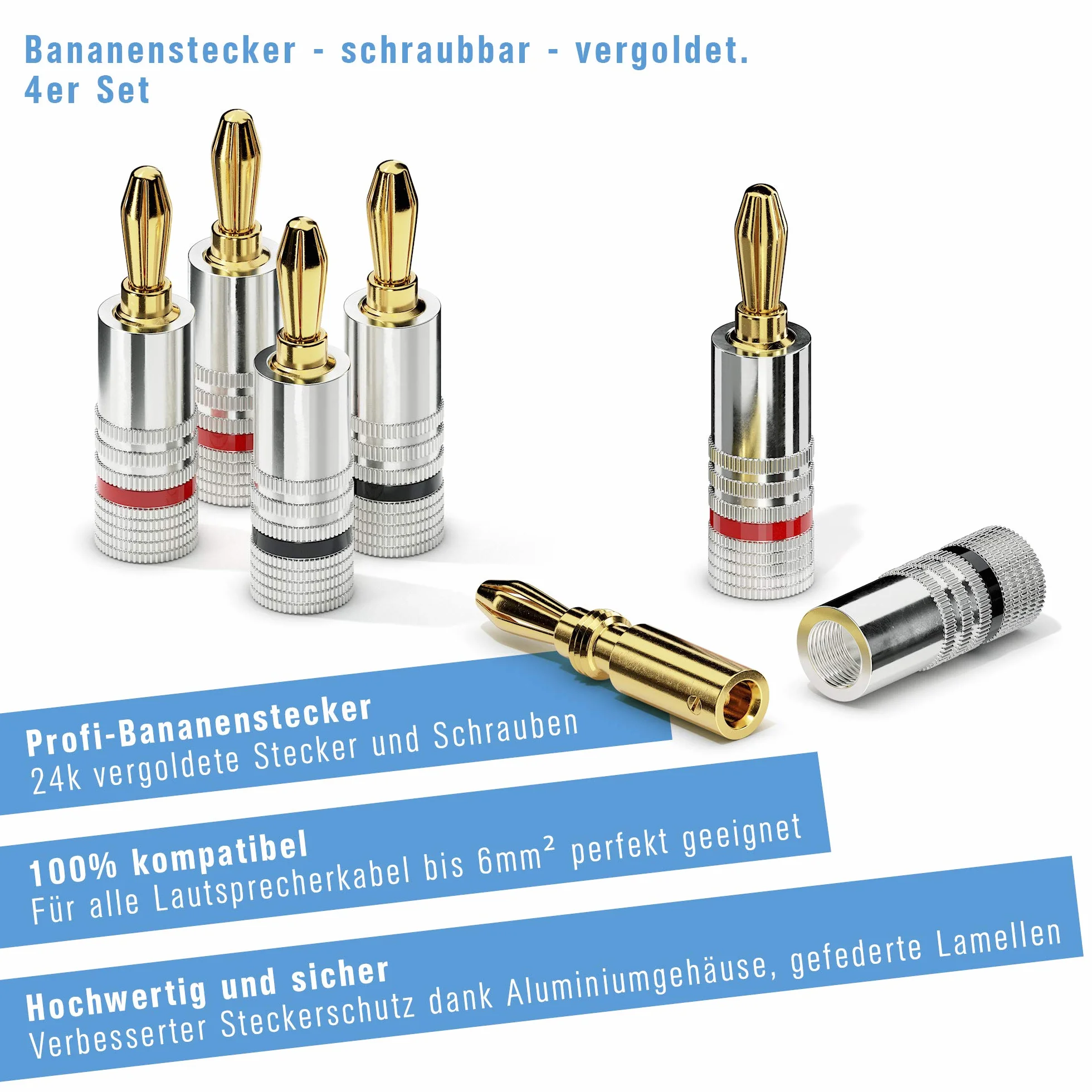 sonero® lot de 4 fiches bananes, pour tous les câbles d'enceintes d'un diamètre maximum de 6 mm², 4 pièces avec codage couleur (12x rouge, 12x noir), plaqué or 24 carats