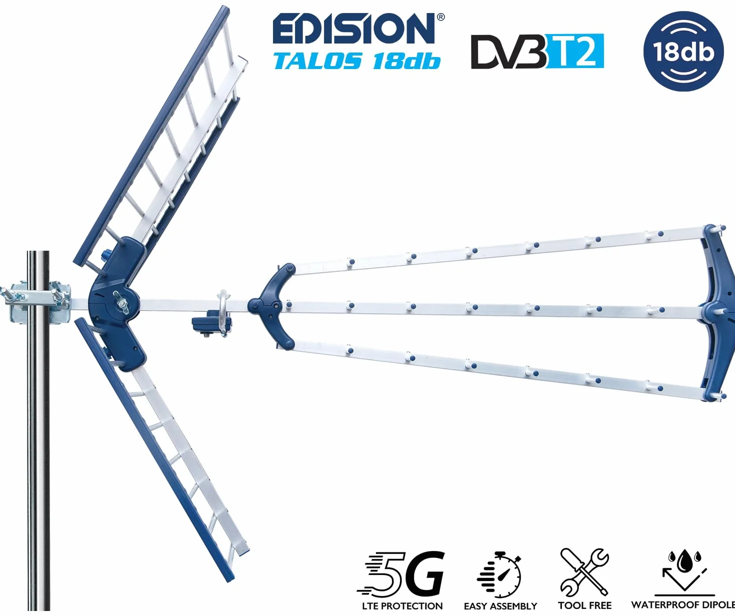 EDISION TALOS Antenne Trinappe extérieure UHF 21-48 18db Filtre 5G LTE intégré TNT DVB-T/T2 470-694Mhz 105cm
