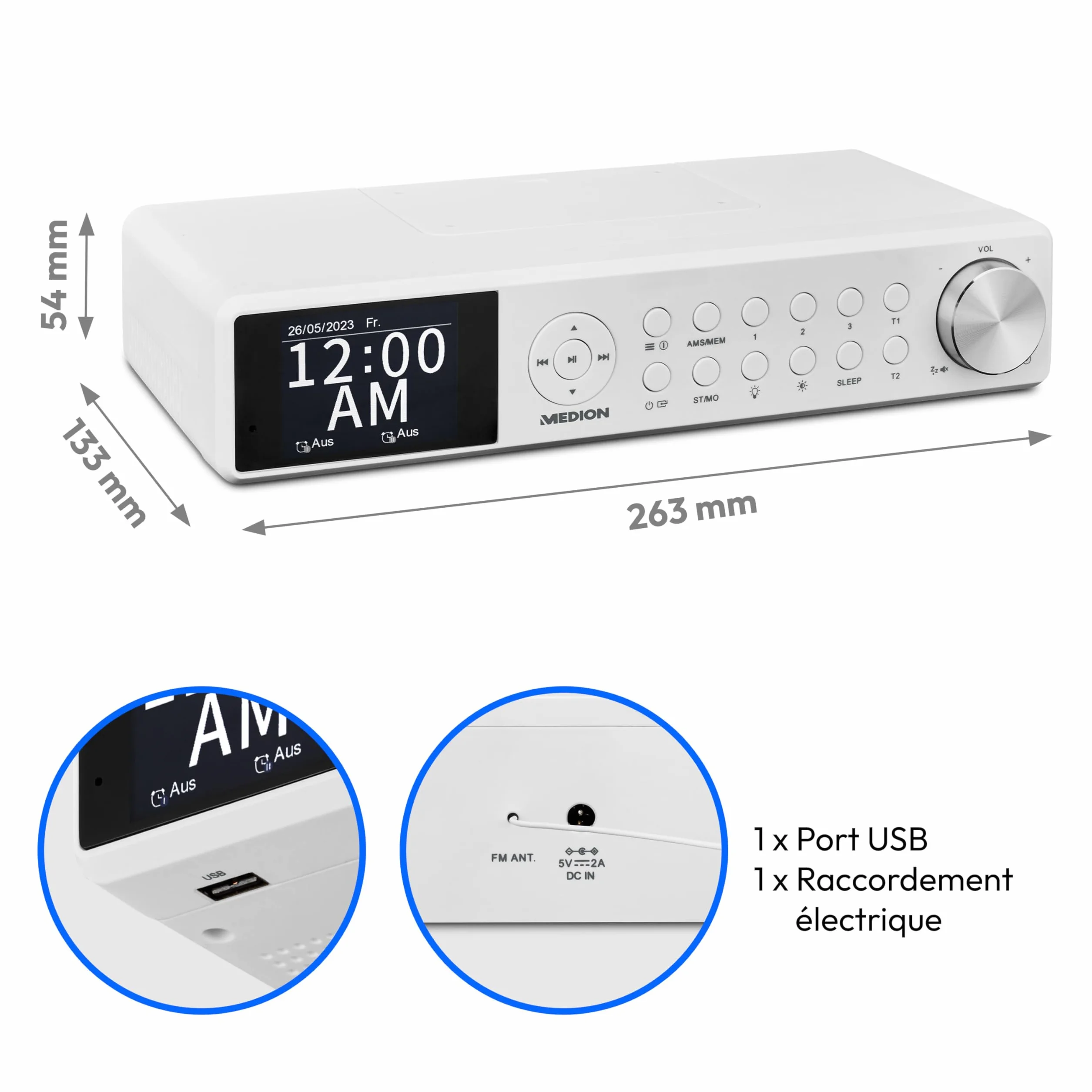 MEDION P66750 Radio de cuisine encastrable (radio de cuisine DAB+, radio FM PLL, écran couleur TFT à intensité variable, minuterie de cuisson, Bluetooth, barre LED, matériel de montage inclus), blanch