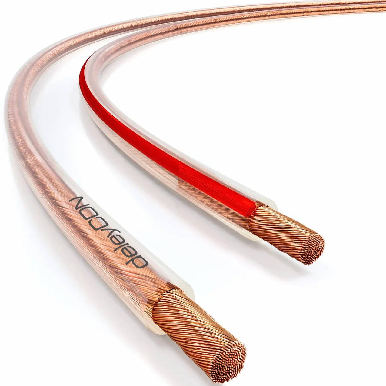 deleyCON 10m Câble Haut-Parleurs 2x 2,5 mm² - Pur Cuivre OFC - Audio pour Enceintes HiFi & Surround - Repérage des Polarités - Transparent