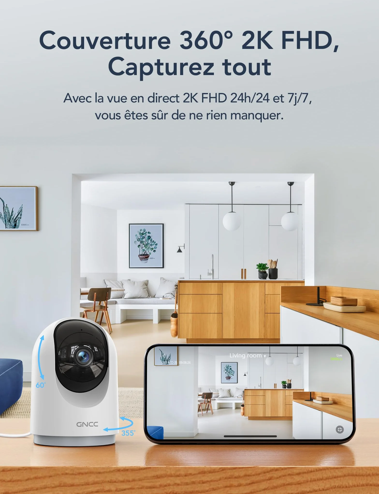GNCC 2K 3MP Caméra Surveillance WiFi Interieur 360° Caméra Connectée Smartphone pour Bébé/Animaux Détection IA Audio bidirectionnel Alertes APP 2,4GHz Compatible Alexa