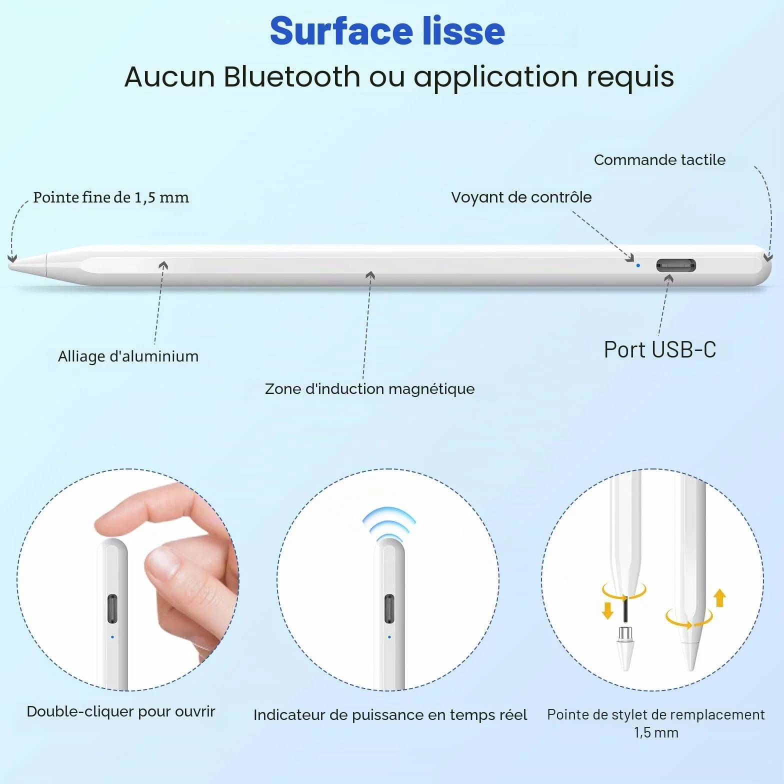 KBCASE Stylet Universel pour Tablette Android Samsung Lenovo Huawei Xiaomi Vivo, Sensibilité à l'inclinaison, Haute Précision, Recharge Rapide, Blanc
