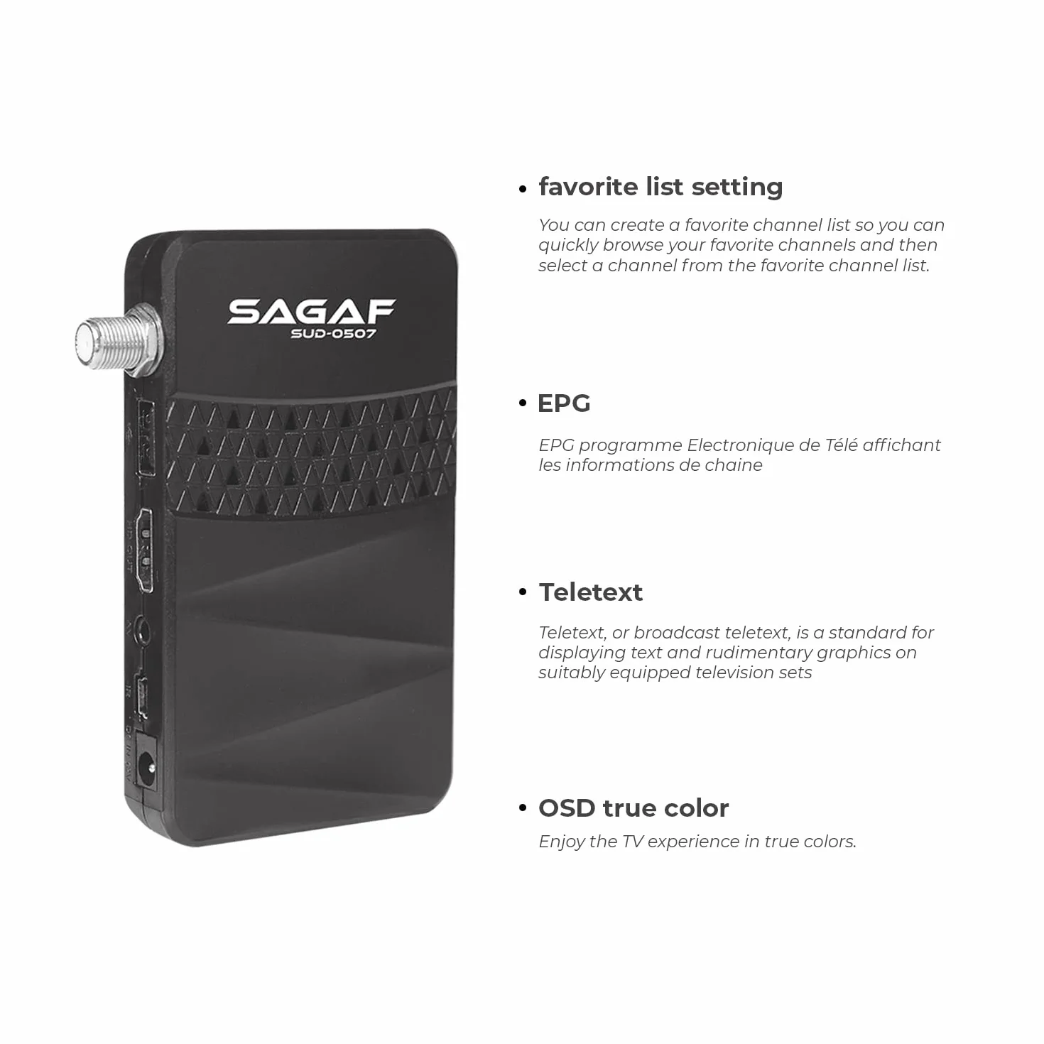 Leyf & Sagaf SUD-0507 Récepteur Satellite Mini DVB-S2 Full HD 1080p HDTV Scart USB Astra Hotbird Turksat
