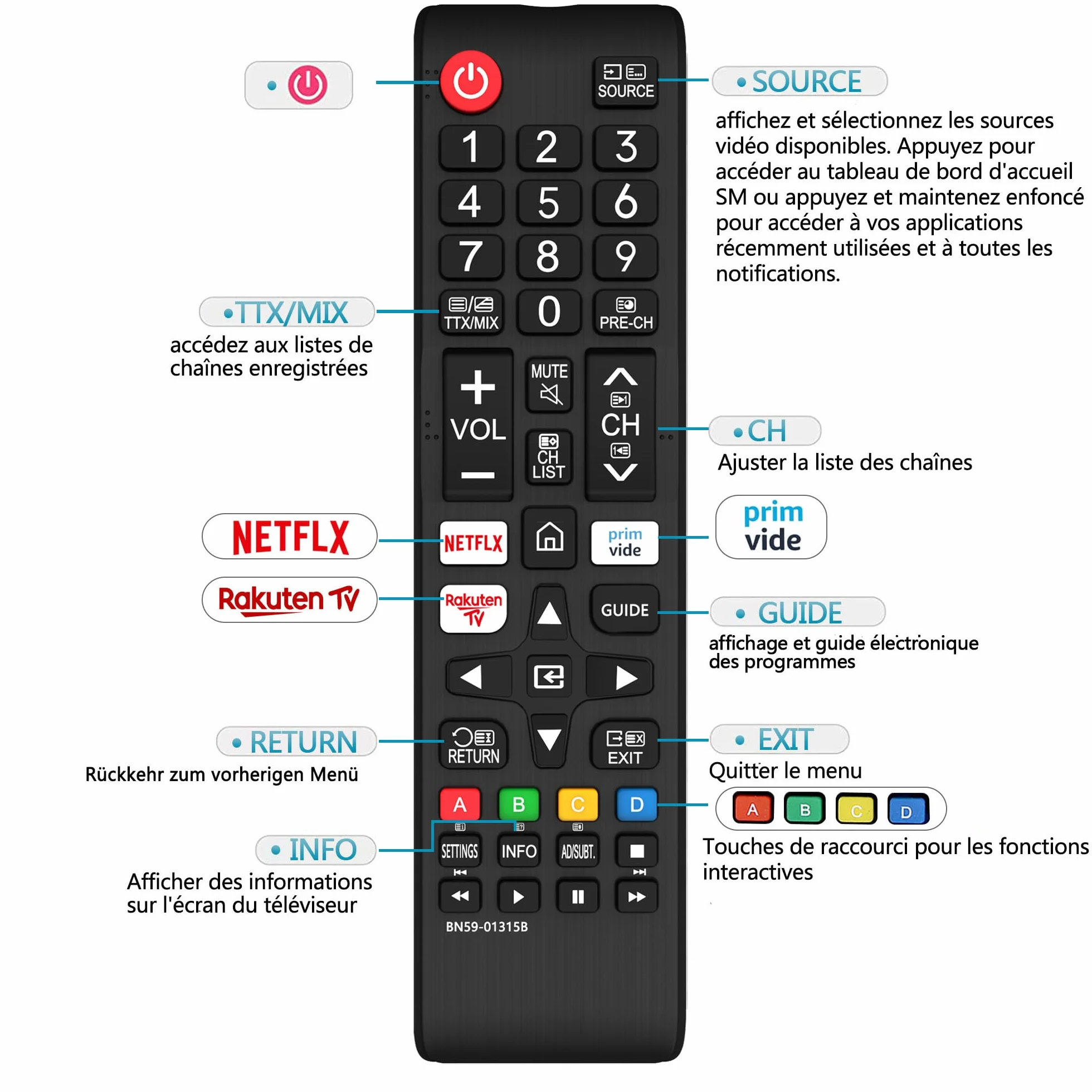 Télécommande Samsung BN59-01315B pour Smart TV