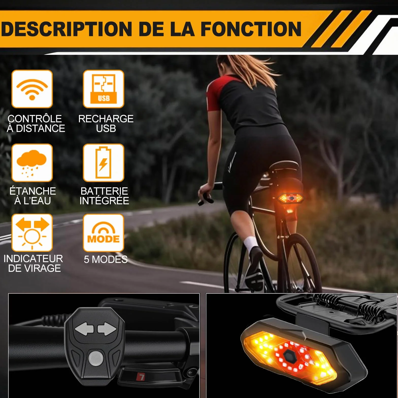 EBUYFIRE Feu Arrière Vélo LED Clignotants Télécommande 5 Modes IPX4 USB Rechargeable Klaxon Montage Universel