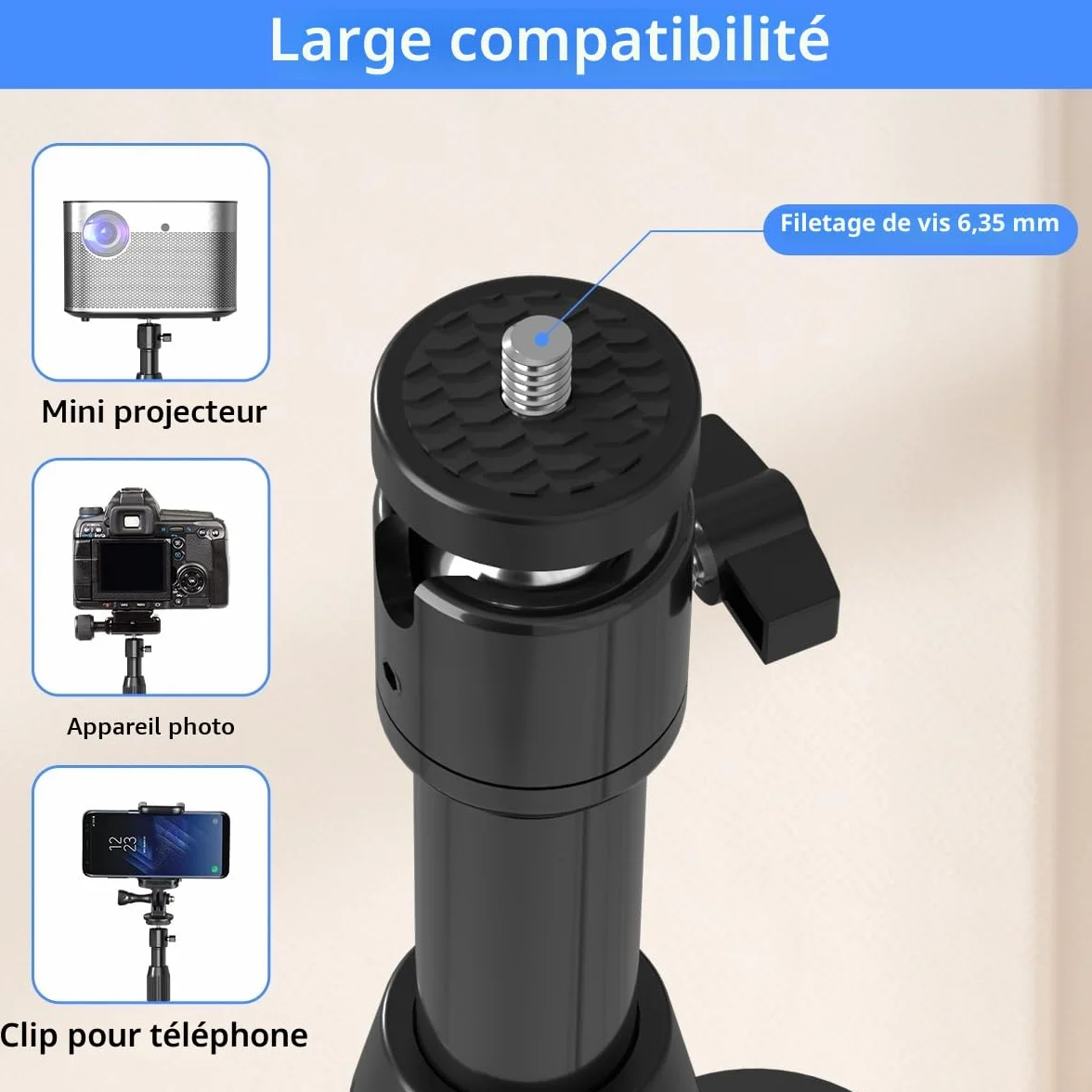 Suptek Support de Projecteur au Sol, Hauteur Réglable 1015-1385 mm, Rotation 360°, Supporte 2 kg PR001F
