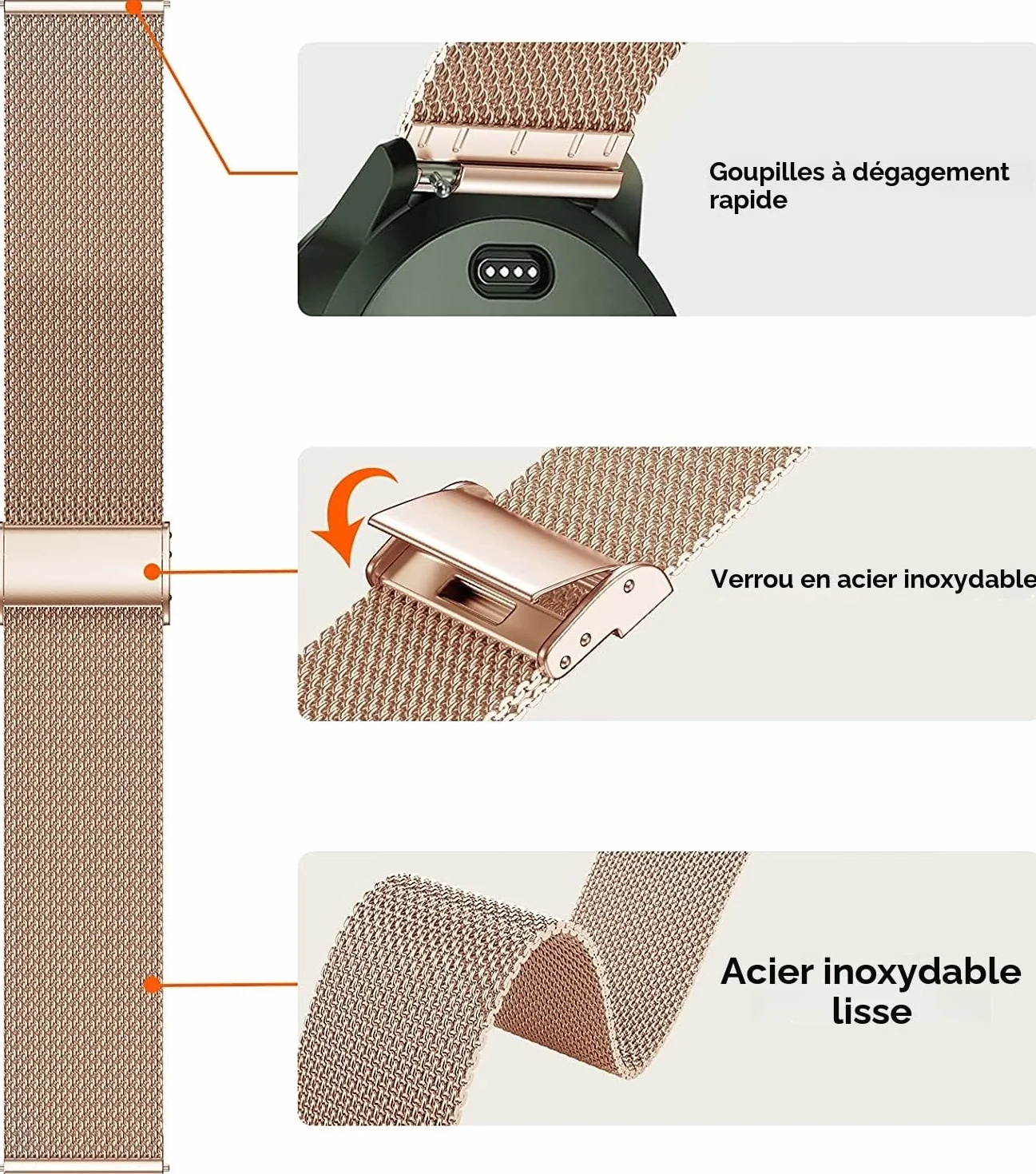 Aliwisdom bracelet de Montre 18mm pour Montre connectée, Smartwatch universelle Métal Acier Maille Bracelets de rechange de à libération Rapide pour Homme Femme (Or Rose, 18mm)
