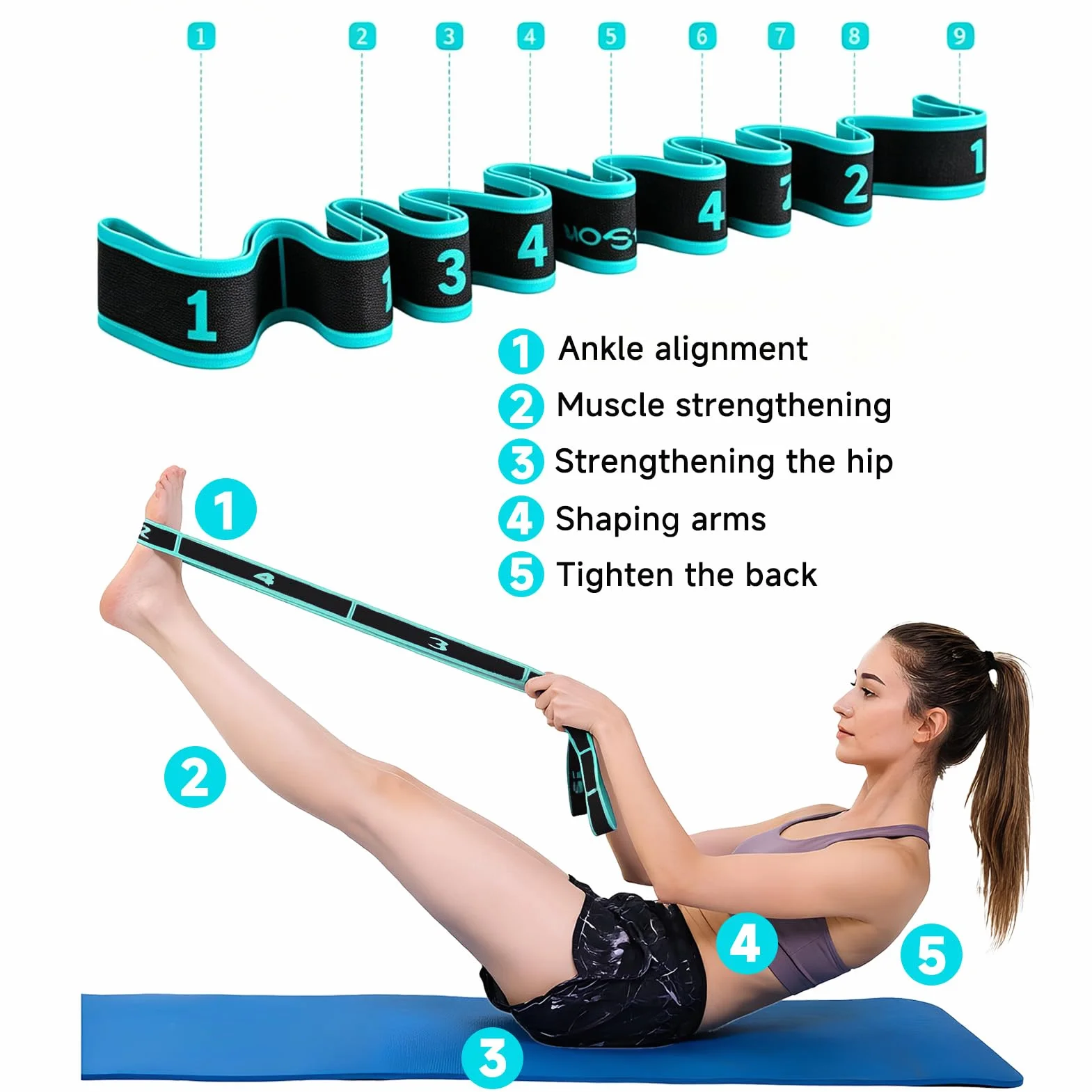 Élastique de Danse Sport avec 9 Boucles Bande Résistance Fitness Étirements Yoga Bleu