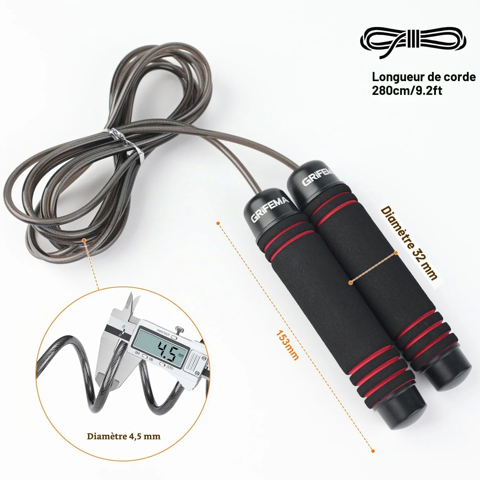 GRIFEMA GA5004 Corde à Sauter Poignée Mousse Antidérapante Fitness Musculation Noir