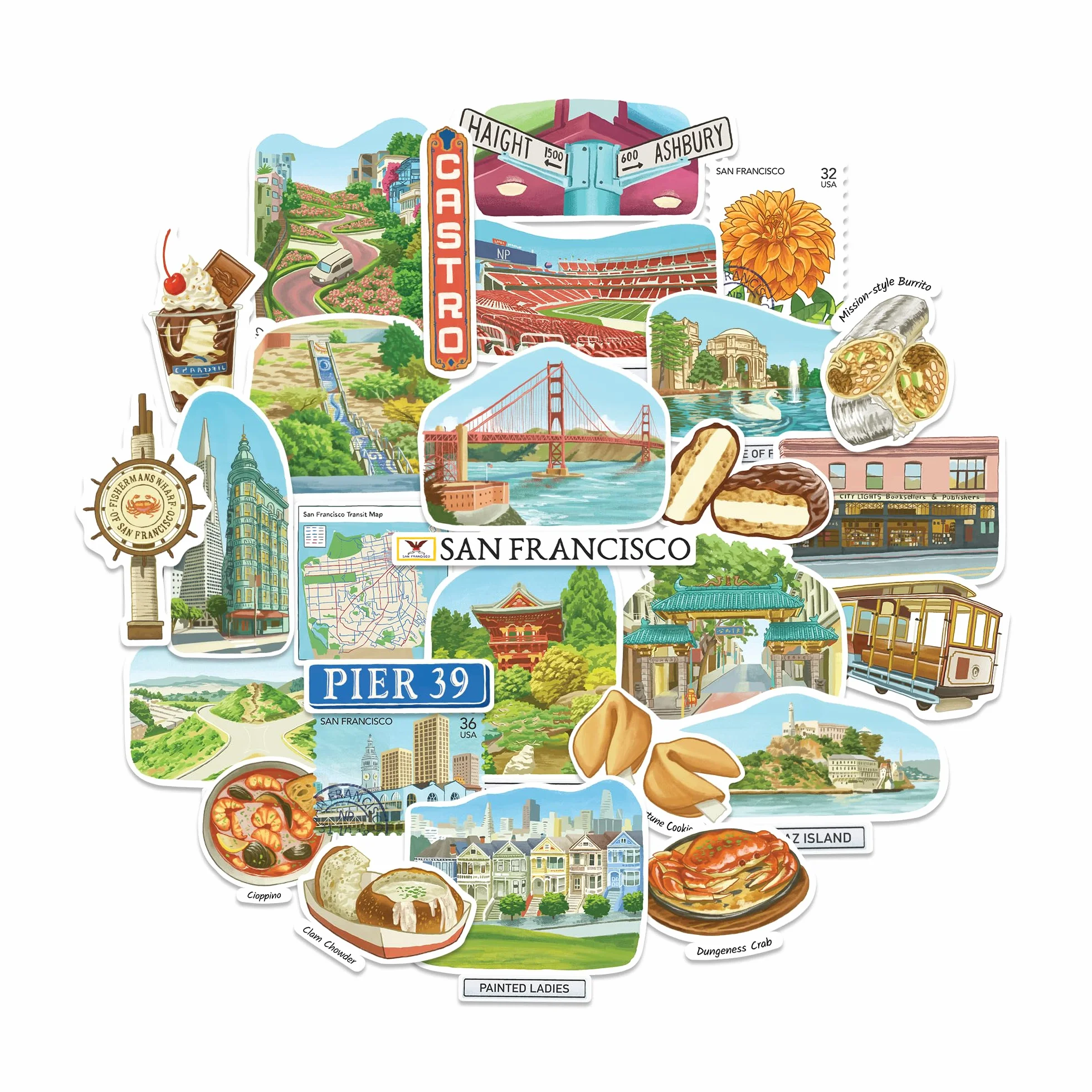 Navy Peony stickers grand format San Francisco — Illustrés à la main, gouache, finition brillante, imperméables (28 pièces)