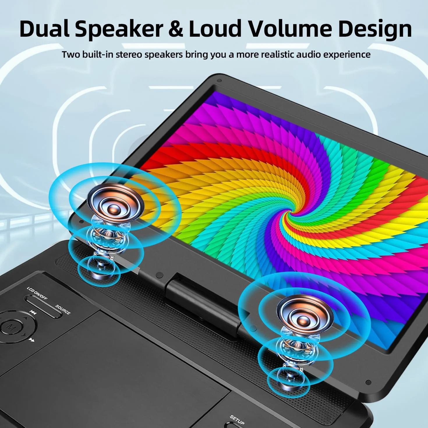KCR 14 Pouces TV Portable/Lecteur DVD Combo avec écran LED Rotatif HD et Tuner TV DVB-T2 numérique/USB/HDMI/AV/Audio, Batterie intégrée, Double Haut-Parleur stéréo
