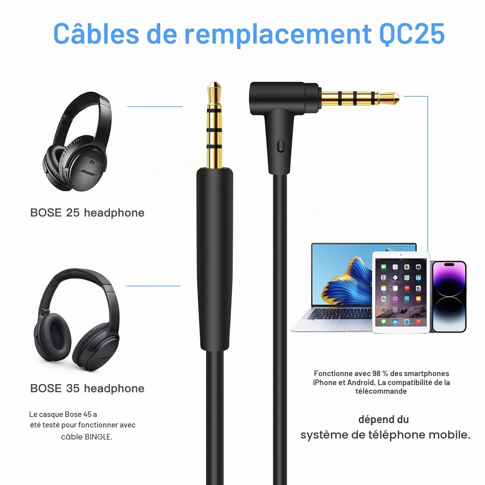 BINGLE Câble audio de rechange 3.5mm à 2.5mm avec Micro/Télécommande 1.2m pour Casque Bose 700, QuietComfort 25, 35II, OE2, OE2i, On-Ear 2 Noir