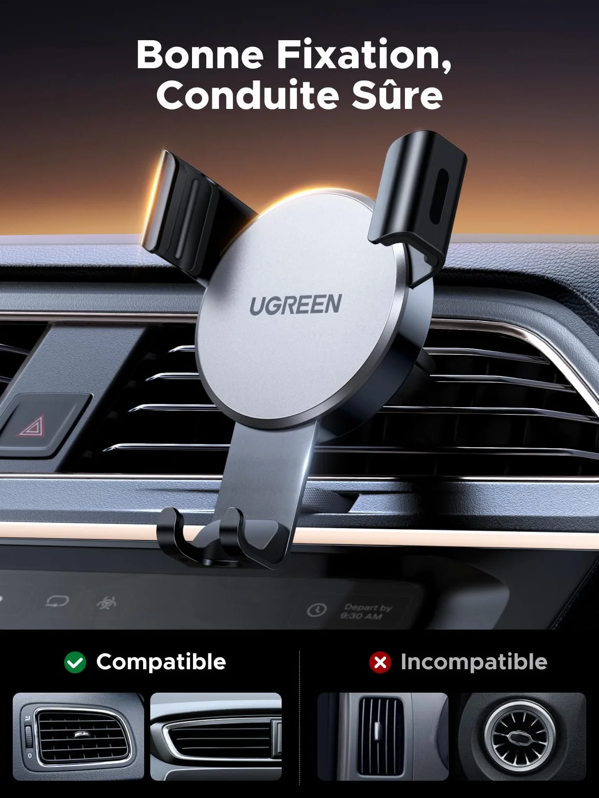 UGREEN Support Téléphone Voiture Gravité Grille Aération Porte Smartphone Voiture Ventilation Accroche Téléphone Auto Compatible avec iPhone 17 Pro Max Air 16 15 14 Galaxy S25 Ultra S24 (Gris)