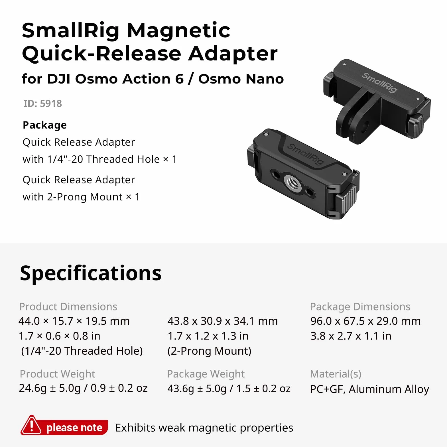 SMALLRIG Action 6 / Nano Adaptateur Magnétique à Dégagement Rapide pour DJI Osmo Action 6 / Osmo Nano, Lot de 2 avec Fixation à 2 Broches et Filetage 1/4"-20, pour Trépied/Perche à Selfie - 5918
