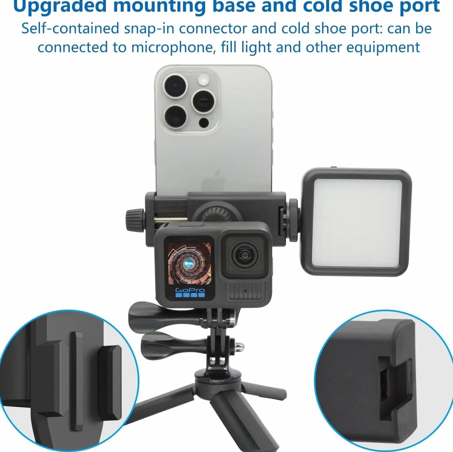 Suptig Support Téléphone pour Trépied, Adaptateur de Montage de Trépied pour Caméra d'Action Compatible pour iPhone, GoPro, DJI Action, Insta 360, Akaso, Microphone, Accessoires de Photographie avec