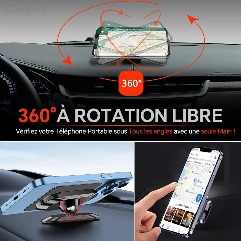 Coolpow Support Telephone Voiture Magnetique 【Lot De 2】Aimant Telephone Voiture【360°】Porte Telephone Voiture Portable Aimanté Adhésif Accessoire Voiture pour iPhone 17 Pro Max 16【avec Plaque de métal】
