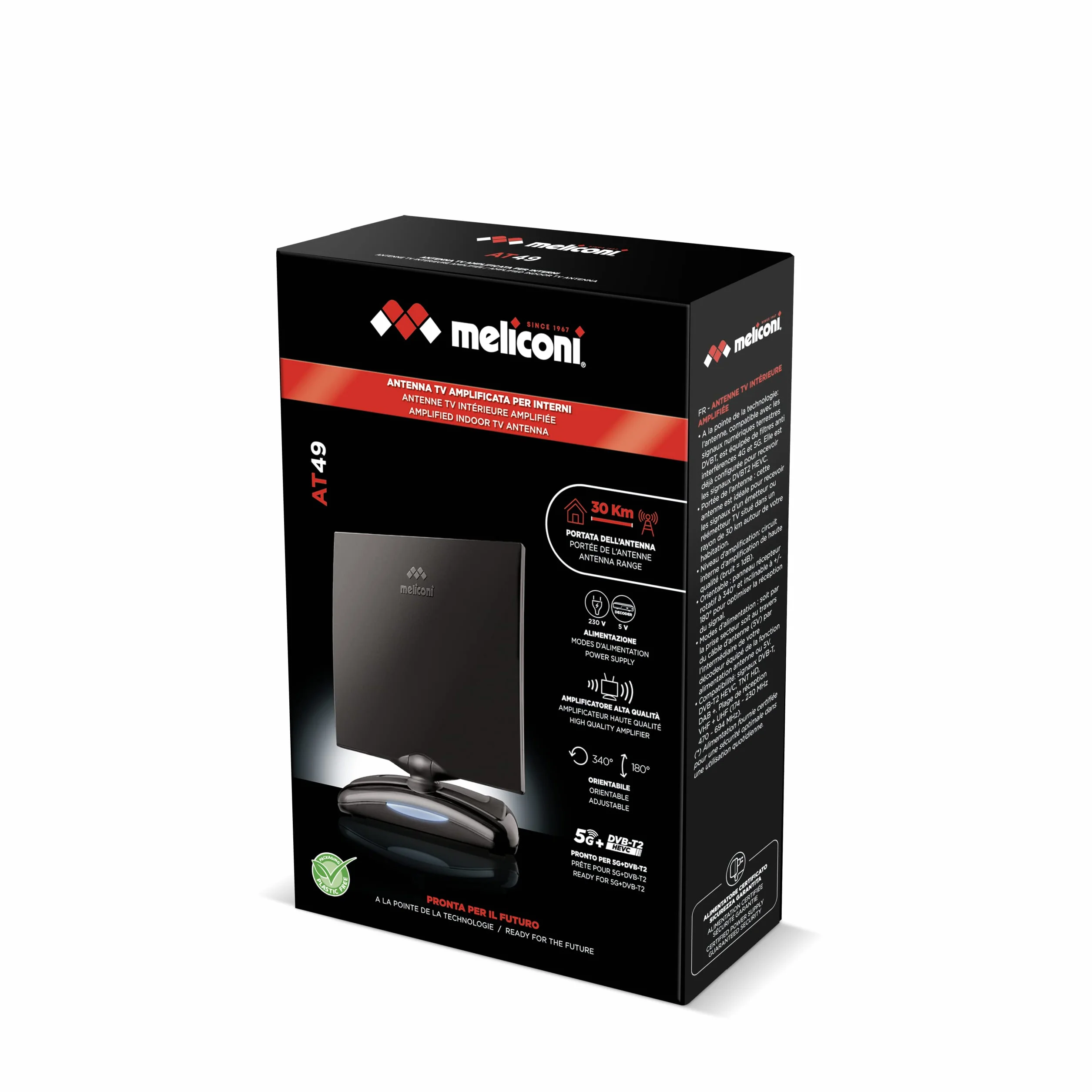 Meliconi AT49 R1 USB Antenne TV Intérieure Amplifiée 49 DB, DVB-T2 HEVC, Filtre 4G/5G, Alimentation USB, Portée 30 km, Orientation VHF/UHF, Compatible Dab+