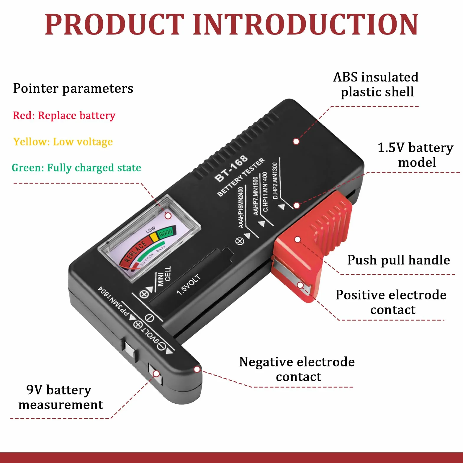 Testeur de Piles Universel, Testeur de Numérique Pointeur Piles pour AA AAA C D 9V 1.5V Batterie Bouton Vcontrôleur de Tension de Batterie Fonctionne Sans Pile Précis et Portable (Modèle: BT-168)
