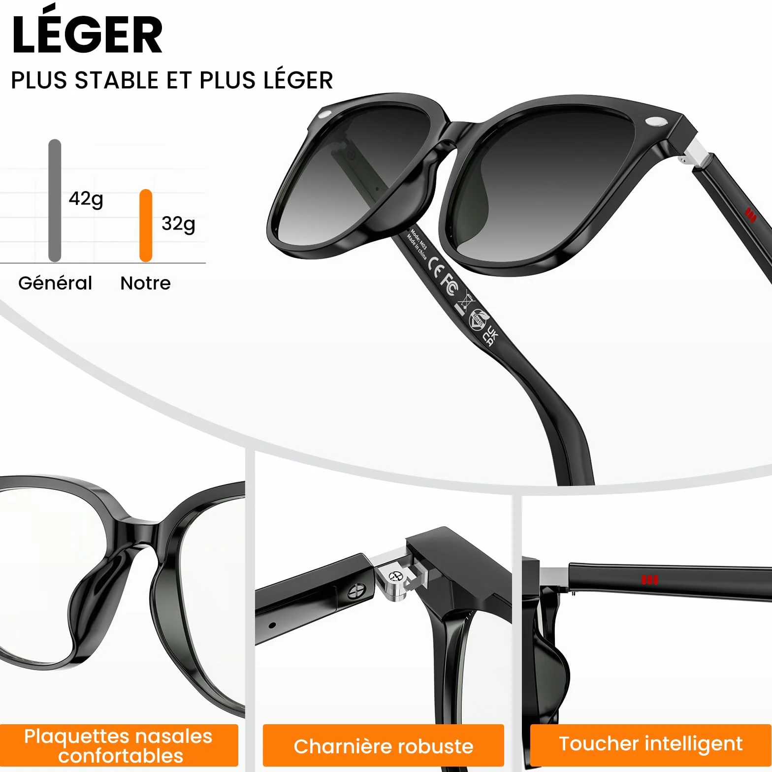 Lunettes intelligentes femmes hommes, 32g légères, téléphonie HD, commande vocale/musicale, lunettes de soleil Bluetooth avec verres photochromiques – idéales pour le quotidien et les voyages (Noir)