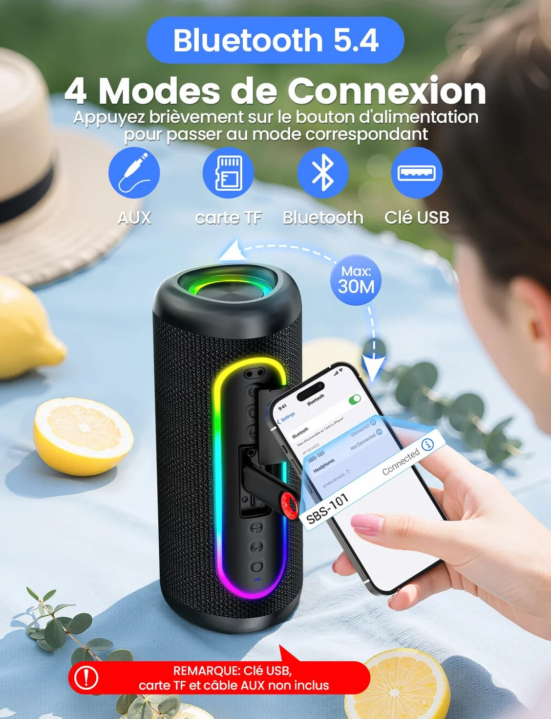 Enceinte Bluetooth Portable 30W Bluetooth 5.4 TWS 360° IPX5 Jusqu'à 30H Portée 30m