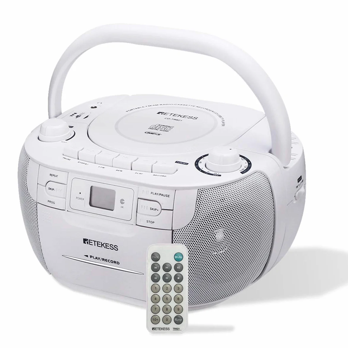 Retekess TR621 Poste Radio CD Lecteur Cassette Audio Boombox Stereo Enregistrement Télécommande USB TF Casque Radio Portable Blanc