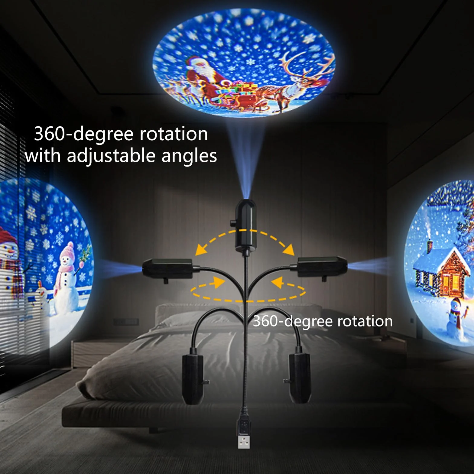 Projecteur de décoration de Noël alimenté par USB avec 4 diapositives à thème angles réglables pour la maison ou les fêtes