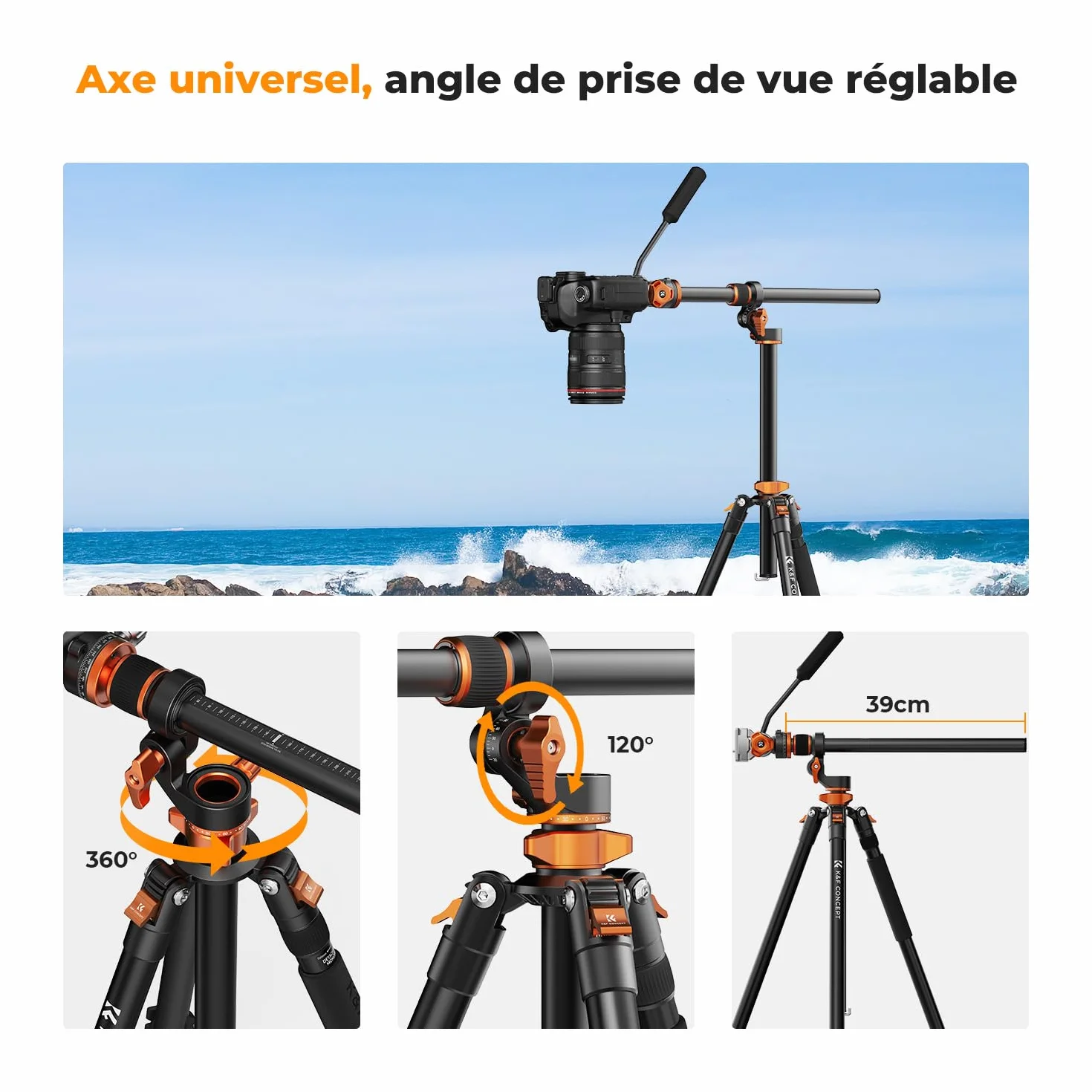 K&F CONCEPT Trépied Vidéo, 231cm Trépied Appareil Photo avec Tête Fluide Inclinaison à 90°/-90°, Horizontal à Colonne Centrale de Rotation à 360°, pour Caméra Vidéo,DSLR, Caméscope -T254A7